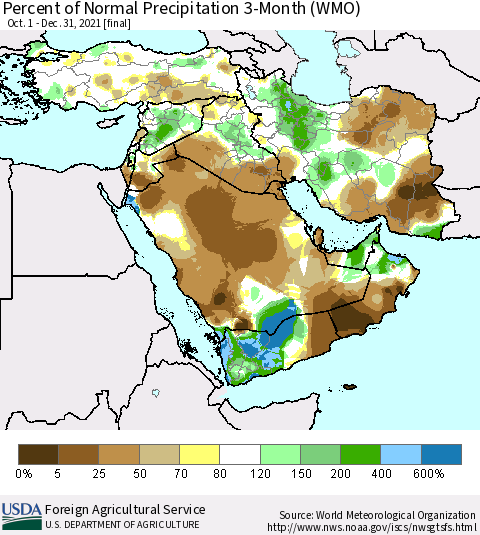 Middle East and Turkey Percent of Normal Precipitation 3-Month (WMO) Thematic Map For 10/1/2021 - 12/31/2021