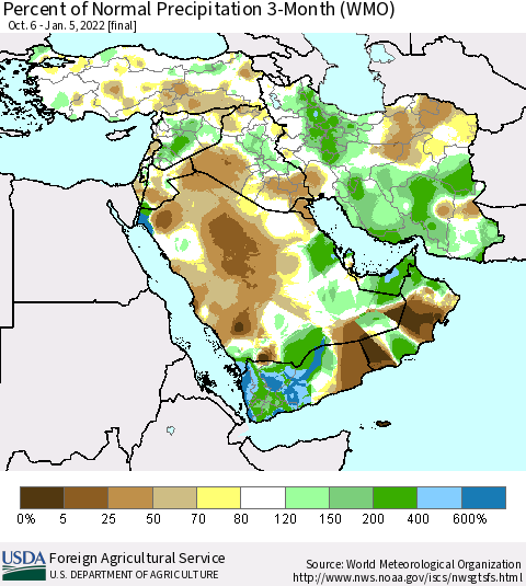 Middle East and Turkey Percent of Normal Precipitation 3-Month (WMO) Thematic Map For 10/6/2021 - 1/5/2022