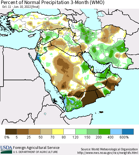 Middle East and Turkey Percent of Normal Precipitation 3-Month (WMO) Thematic Map For 10/11/2021 - 1/10/2022
