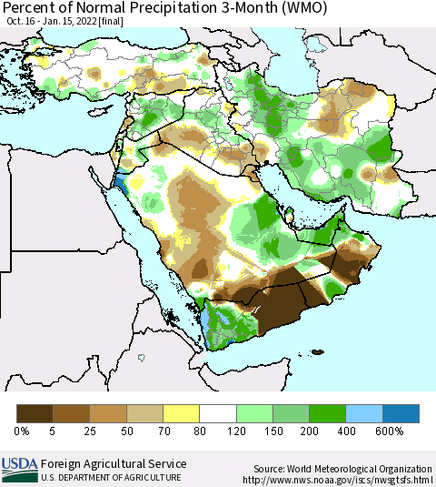 Middle East and Turkey Percent of Normal Precipitation 3-Month (WMO) Thematic Map For 10/16/2021 - 1/15/2022