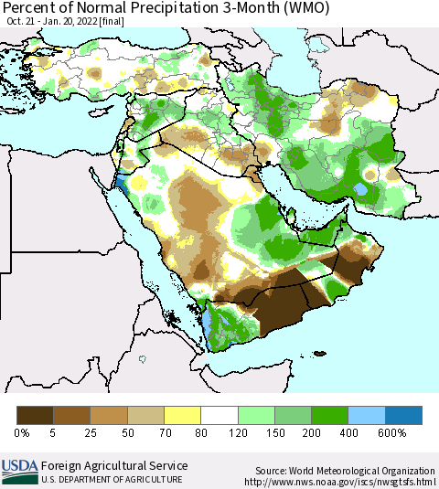Middle East and Turkey Percent of Normal Precipitation 3-Month (WMO) Thematic Map For 10/21/2021 - 1/20/2022