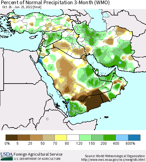 Middle East and Turkey Percent of Normal Precipitation 3-Month (WMO) Thematic Map For 10/26/2021 - 1/25/2022