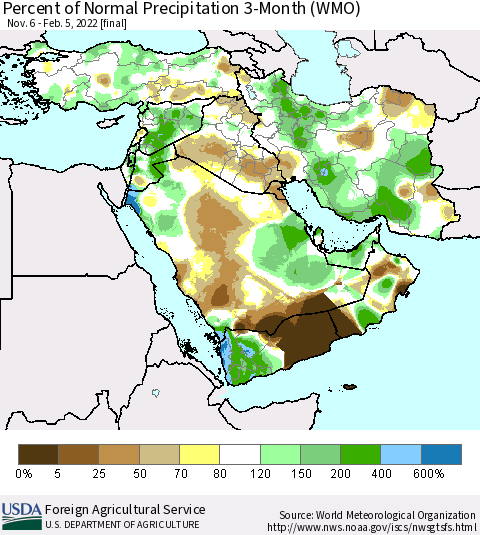 Middle East and Turkey Percent of Normal Precipitation 3-Month (WMO) Thematic Map For 11/6/2021 - 2/5/2022