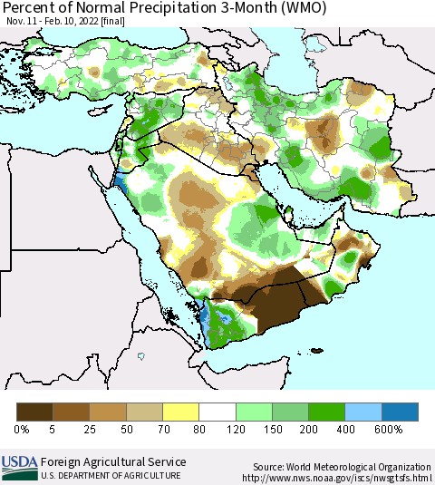 Middle East and Turkey Percent of Normal Precipitation 3-Month (WMO) Thematic Map For 11/11/2021 - 2/10/2022