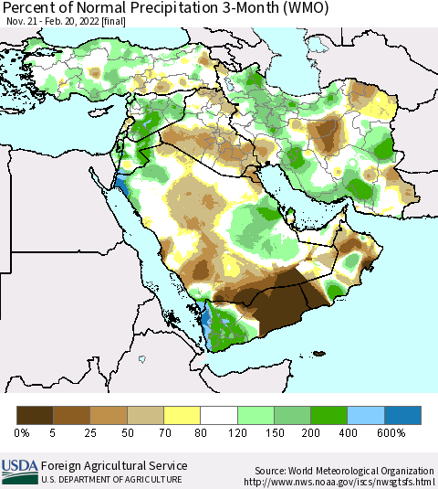 Middle East and Turkey Percent of Normal Precipitation 3-Month (WMO) Thematic Map For 11/21/2021 - 2/20/2022