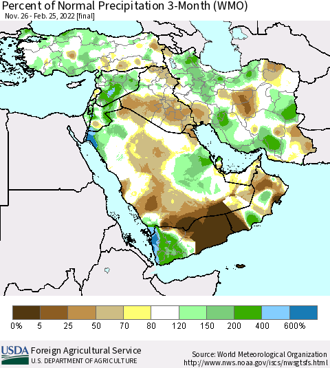 Middle East and Turkey Percent of Normal Precipitation 3-Month (WMO) Thematic Map For 11/26/2021 - 2/25/2022