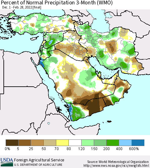 Middle East and Turkey Percent of Normal Precipitation 3-Month (WMO) Thematic Map For 12/1/2021 - 2/28/2022