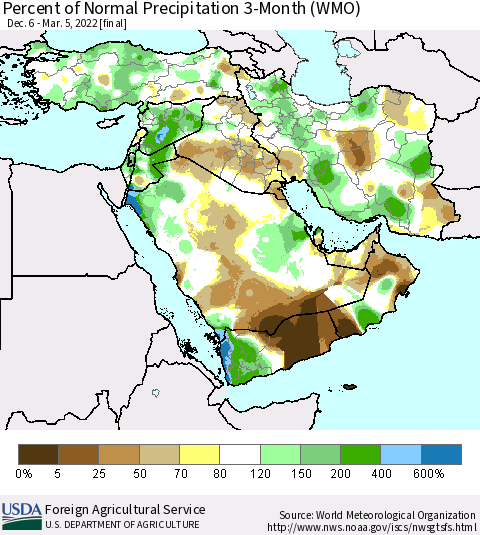 Middle East and Turkey Percent of Normal Precipitation 3-Month (WMO) Thematic Map For 12/6/2021 - 3/5/2022