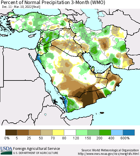 Middle East and Turkey Percent of Normal Precipitation 3-Month (WMO) Thematic Map For 12/11/2021 - 3/10/2022