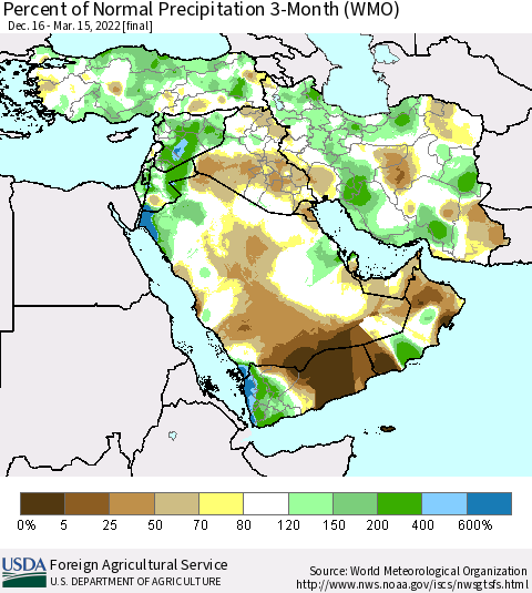 Middle East and Turkey Percent of Normal Precipitation 3-Month (WMO) Thematic Map For 12/16/2021 - 3/15/2022