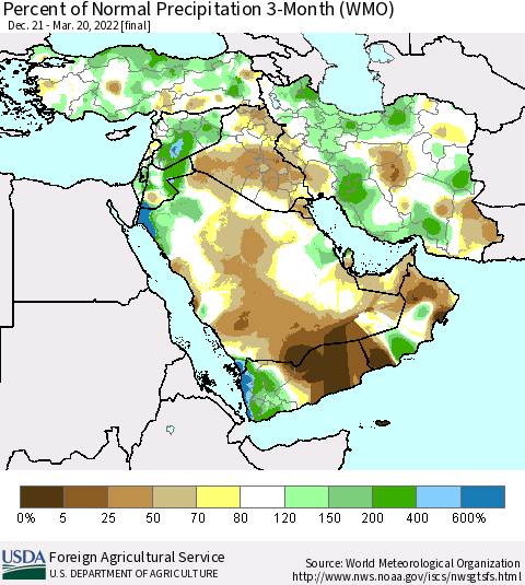 Middle East and Turkey Percent of Normal Precipitation 3-Month (WMO) Thematic Map For 12/21/2021 - 3/20/2022