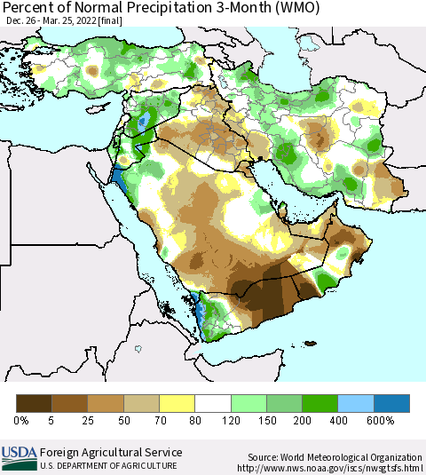 Middle East and Turkey Percent of Normal Precipitation 3-Month (WMO) Thematic Map For 12/26/2021 - 3/25/2022