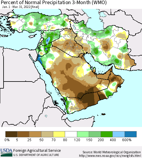 Middle East and Turkey Percent of Normal Precipitation 3-Month (WMO) Thematic Map For 1/1/2022 - 3/31/2022