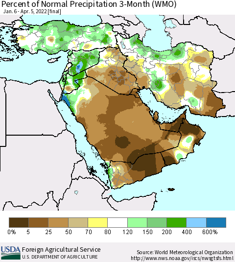 Middle East and Turkey Percent of Normal Precipitation 3-Month (WMO) Thematic Map For 1/6/2022 - 4/5/2022