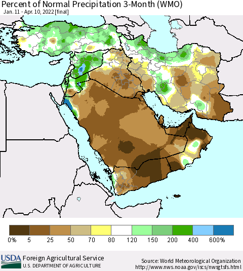 Middle East and Turkey Percent of Normal Precipitation 3-Month (WMO) Thematic Map For 1/11/2022 - 4/10/2022
