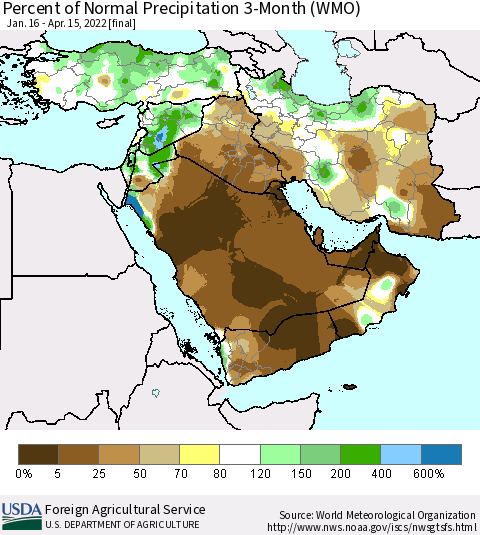 Middle East and Turkey Percent of Normal Precipitation 3-Month (WMO) Thematic Map For 1/16/2022 - 4/15/2022