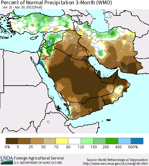 Middle East and Turkey Percent of Normal Precipitation 3-Month (WMO) Thematic Map For 1/21/2022 - 4/20/2022