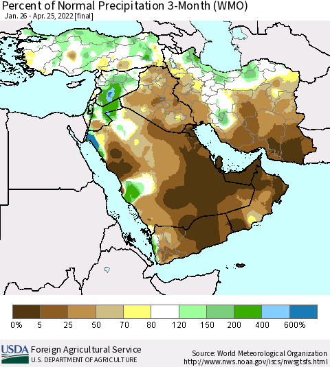 Middle East and Turkey Percent of Normal Precipitation 3-Month (WMO) Thematic Map For 1/26/2022 - 4/25/2022
