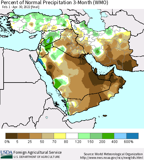 Middle East and Turkey Percent of Normal Precipitation 3-Month (WMO) Thematic Map For 2/1/2022 - 4/30/2022