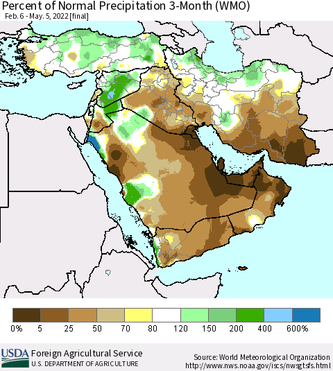 Middle East and Turkey Percent of Normal Precipitation 3-Month (WMO) Thematic Map For 2/6/2022 - 5/5/2022