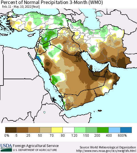Middle East and Turkey Percent of Normal Precipitation 3-Month (WMO) Thematic Map For 2/11/2022 - 5/10/2022