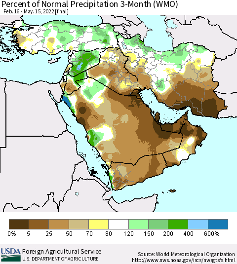 Middle East and Turkey Percent of Normal Precipitation 3-Month (WMO) Thematic Map For 2/16/2022 - 5/15/2022