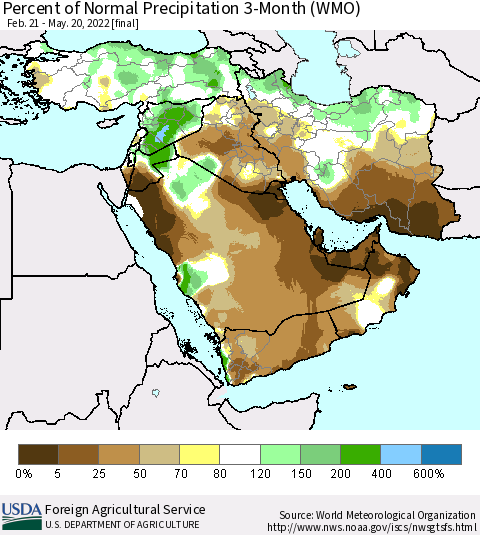 Middle East and Turkey Percent of Normal Precipitation 3-Month (WMO) Thematic Map For 2/21/2022 - 5/20/2022