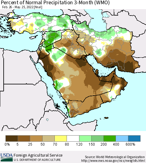 Middle East and Turkey Percent of Normal Precipitation 3-Month (WMO) Thematic Map For 2/26/2022 - 5/25/2022