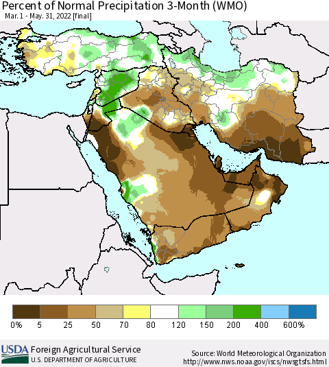 Middle East and Turkey Percent of Normal Precipitation 3-Month (WMO) Thematic Map For 3/1/2022 - 5/31/2022
