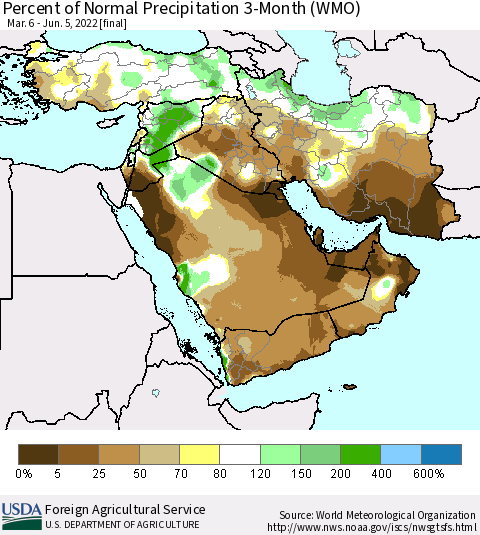 Middle East and Turkey Percent of Normal Precipitation 3-Month (WMO) Thematic Map For 3/6/2022 - 6/5/2022