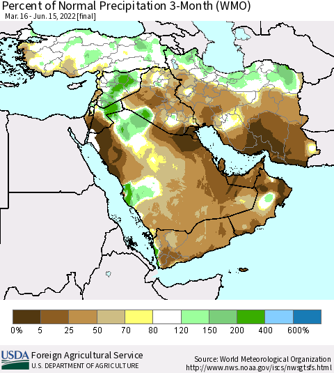 Middle East and Turkey Percent of Normal Precipitation 3-Month (WMO) Thematic Map For 3/16/2022 - 6/15/2022