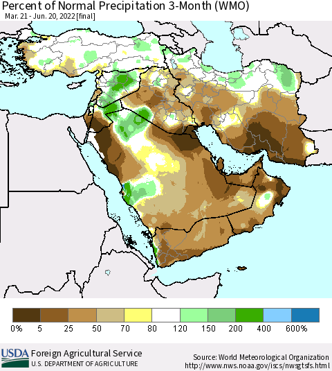 Middle East and Turkey Percent of Normal Precipitation 3-Month (WMO) Thematic Map For 3/21/2022 - 6/20/2022