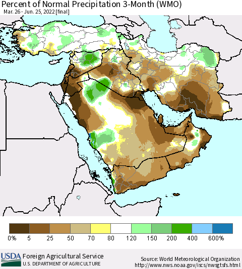 Middle East and Turkey Percent of Normal Precipitation 3-Month (WMO) Thematic Map For 3/26/2022 - 6/25/2022