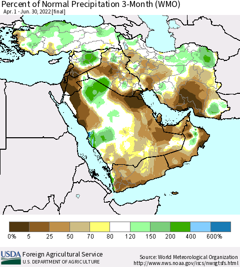 Middle East and Turkey Percent of Normal Precipitation 3-Month (WMO) Thematic Map For 4/1/2022 - 6/30/2022