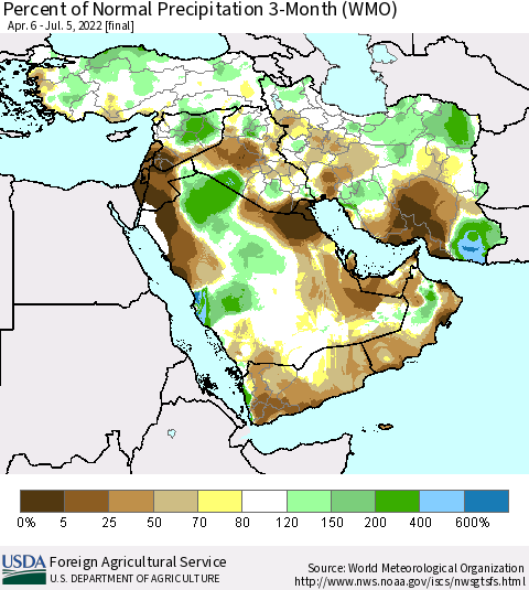 Middle East and Turkey Percent of Normal Precipitation 3-Month (WMO) Thematic Map For 4/6/2022 - 7/5/2022