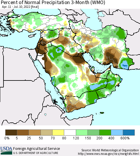 Middle East and Turkey Percent of Normal Precipitation 3-Month (WMO) Thematic Map For 4/11/2022 - 7/10/2022