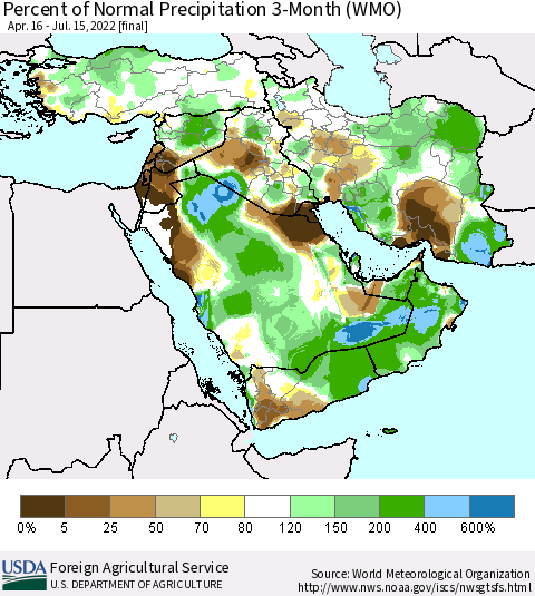Middle East and Turkey Percent of Normal Precipitation 3-Month (WMO) Thematic Map For 4/16/2022 - 7/15/2022