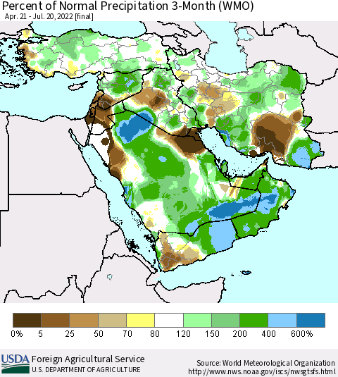 Middle East and Turkey Percent of Normal Precipitation 3-Month (WMO) Thematic Map For 4/21/2022 - 7/20/2022