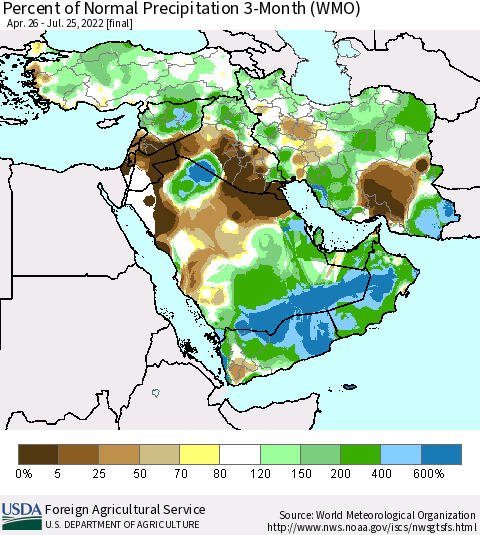 Middle East and Turkey Percent of Normal Precipitation 3-Month (WMO) Thematic Map For 4/26/2022 - 7/25/2022