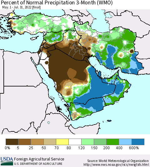 Middle East and Turkey Percent of Normal Precipitation 3-Month (WMO) Thematic Map For 5/1/2022 - 7/31/2022