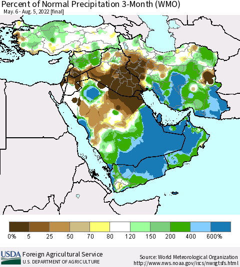 Middle East and Turkey Percent of Normal Precipitation 3-Month (WMO) Thematic Map For 5/6/2022 - 8/5/2022