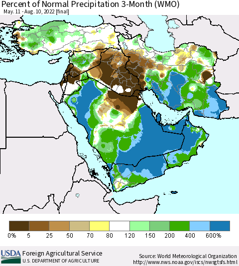 Middle East and Turkey Percent of Normal Precipitation 3-Month (WMO) Thematic Map For 5/11/2022 - 8/10/2022