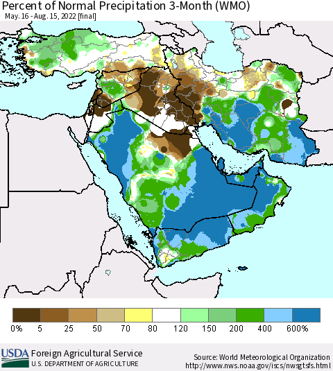 Middle East and Turkey Percent of Normal Precipitation 3-Month (WMO) Thematic Map For 5/16/2022 - 8/15/2022