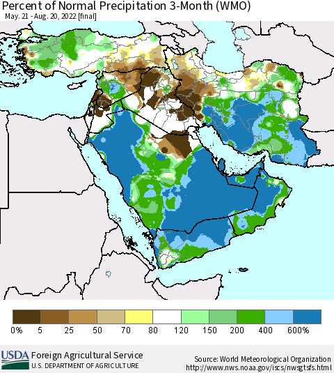 Middle East and Turkey Percent of Normal Precipitation 3-Month (WMO) Thematic Map For 5/21/2022 - 8/20/2022