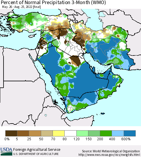 Middle East and Turkey Percent of Normal Precipitation 3-Month (WMO) Thematic Map For 5/26/2022 - 8/25/2022