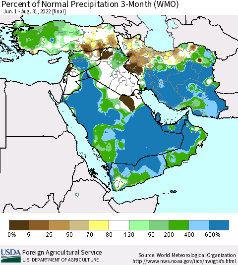 Middle East and Turkey Percent of Normal Precipitation 3-Month (WMO) Thematic Map For 6/1/2022 - 8/31/2022