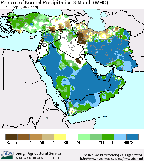 Middle East and Turkey Percent of Normal Precipitation 3-Month (WMO) Thematic Map For 6/6/2022 - 9/5/2022
