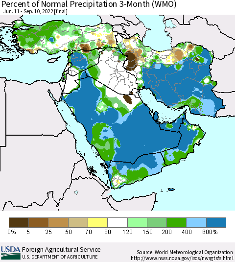Middle East and Turkey Percent of Normal Precipitation 3-Month (WMO) Thematic Map For 6/11/2022 - 9/10/2022