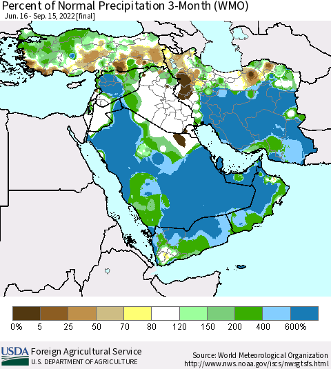 Middle East and Turkey Percent of Normal Precipitation 3-Month (WMO) Thematic Map For 6/16/2022 - 9/15/2022