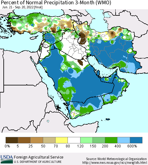 Middle East and Turkey Percent of Normal Precipitation 3-Month (WMO) Thematic Map For 6/21/2022 - 9/20/2022